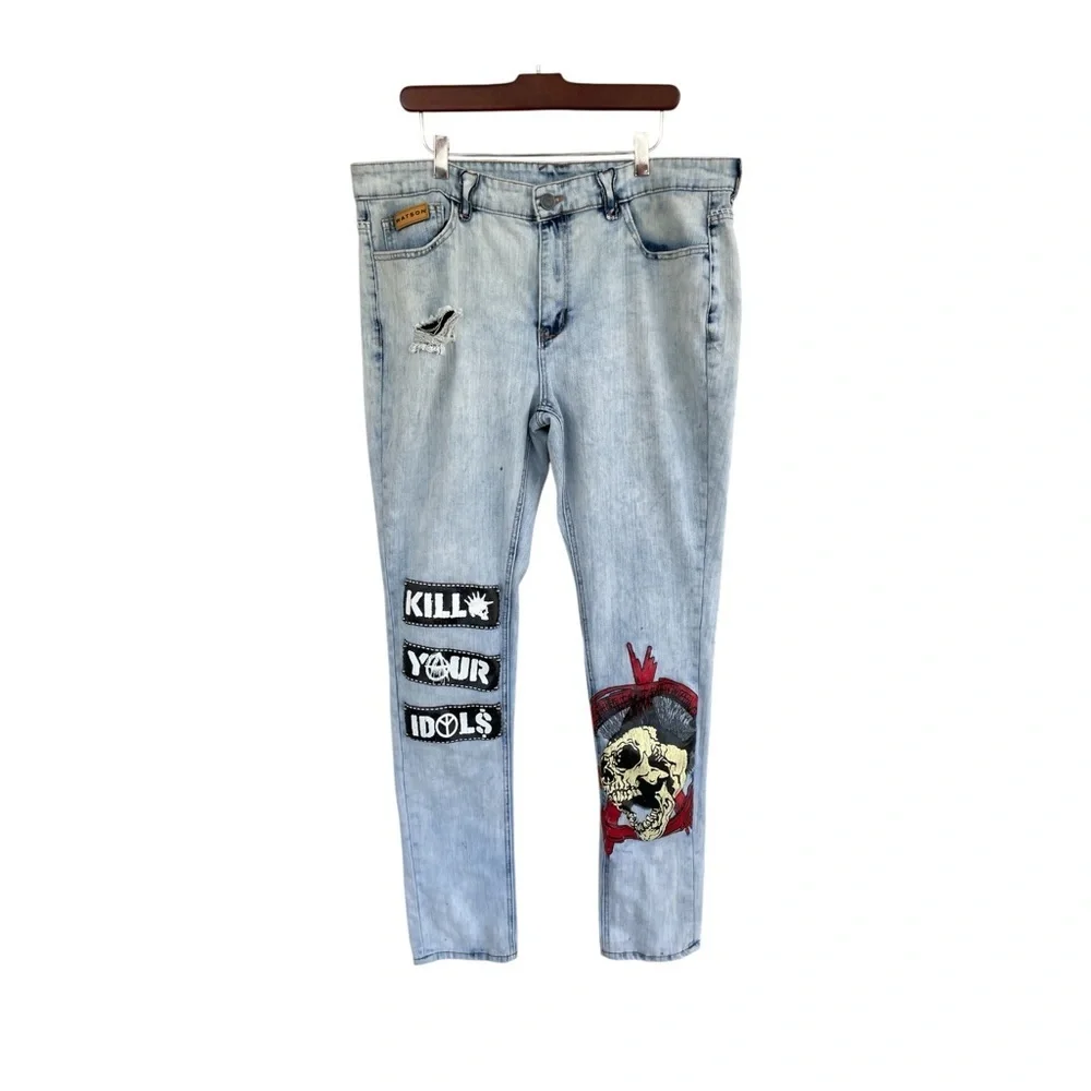 Watson Jeans Size 36 Skull Patch Distressed Punk Slogan Light Blue Graphic Denim